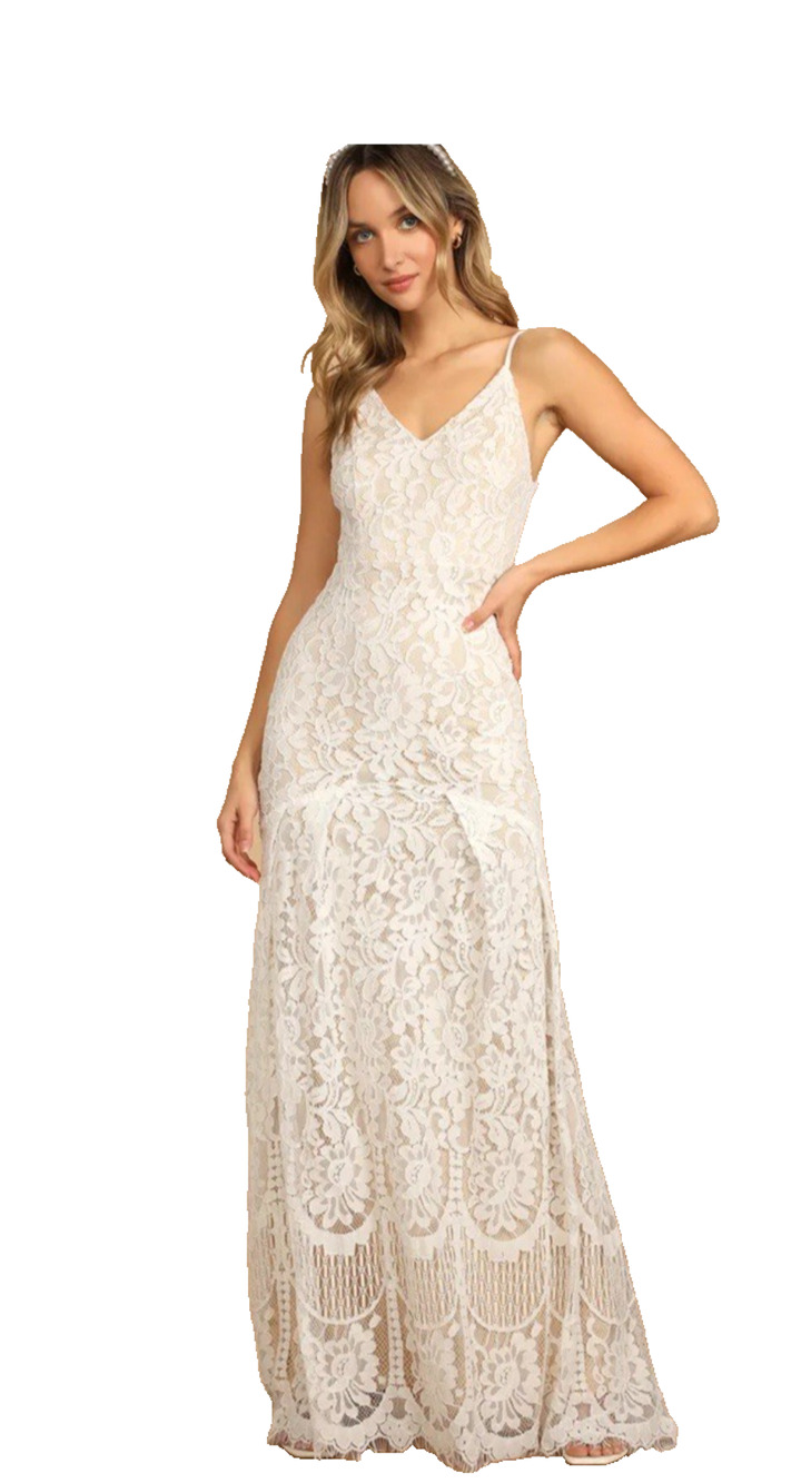 Lulus Flynn White Lace Dress Womens XS V-Neck Bridal Wedding Fitted Mermaid Maxi